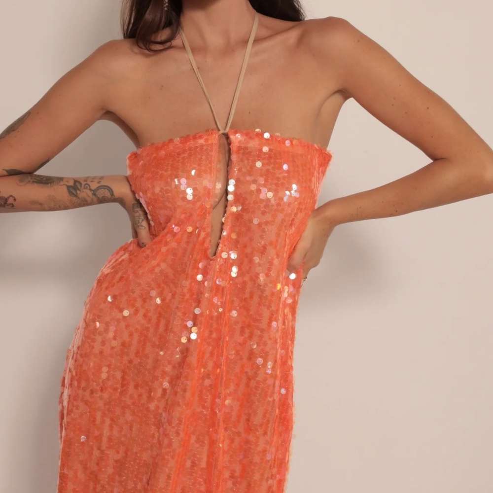 EastnWest Label Mable Dress in Party Sequin ORANGE CORAL PEACH